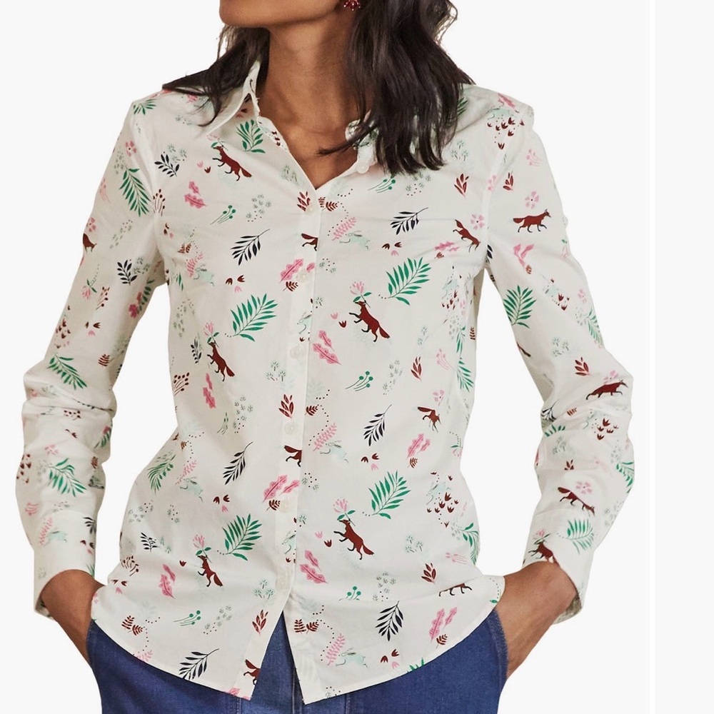 Boden Fox Forest Print Cotton Button Up Shirt 16W